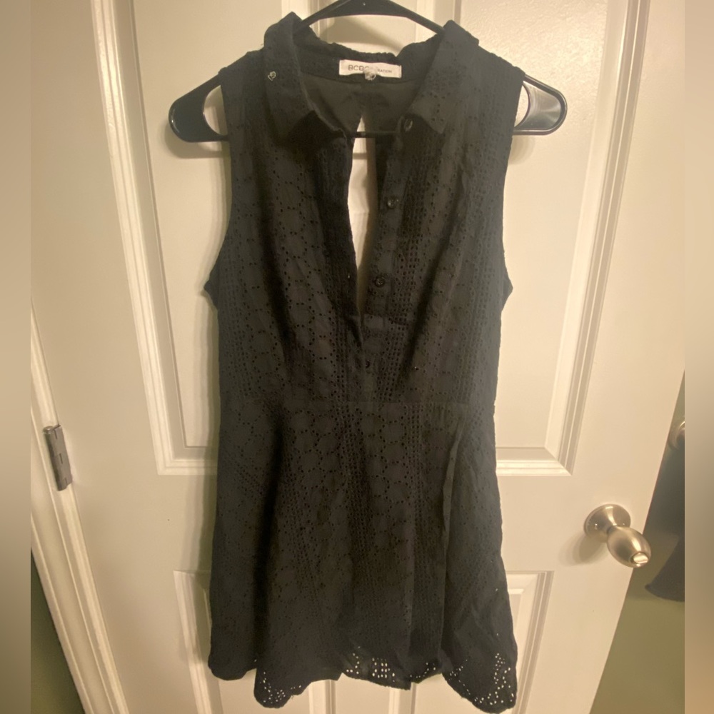 Button-up eyelet black mini dress
